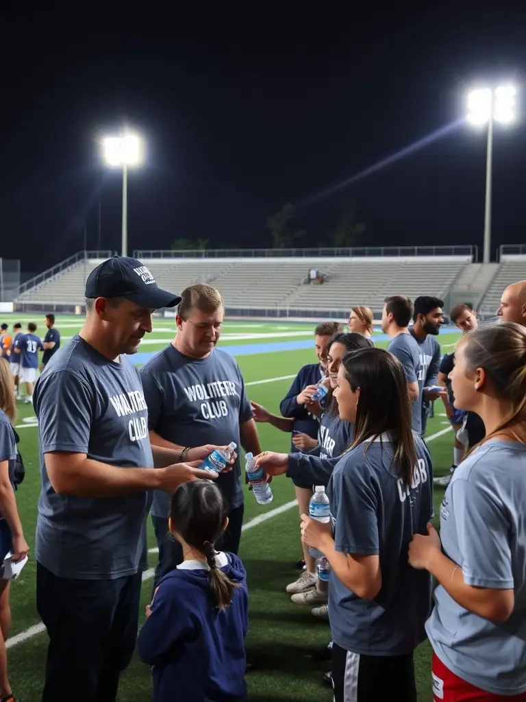 A group of CSESC members volunteering at a local sports event, wearing club colors and interacting with participants.